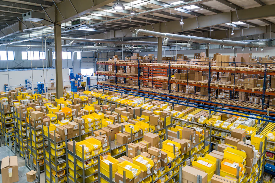 Organized warehouse shelves with labelled inventory